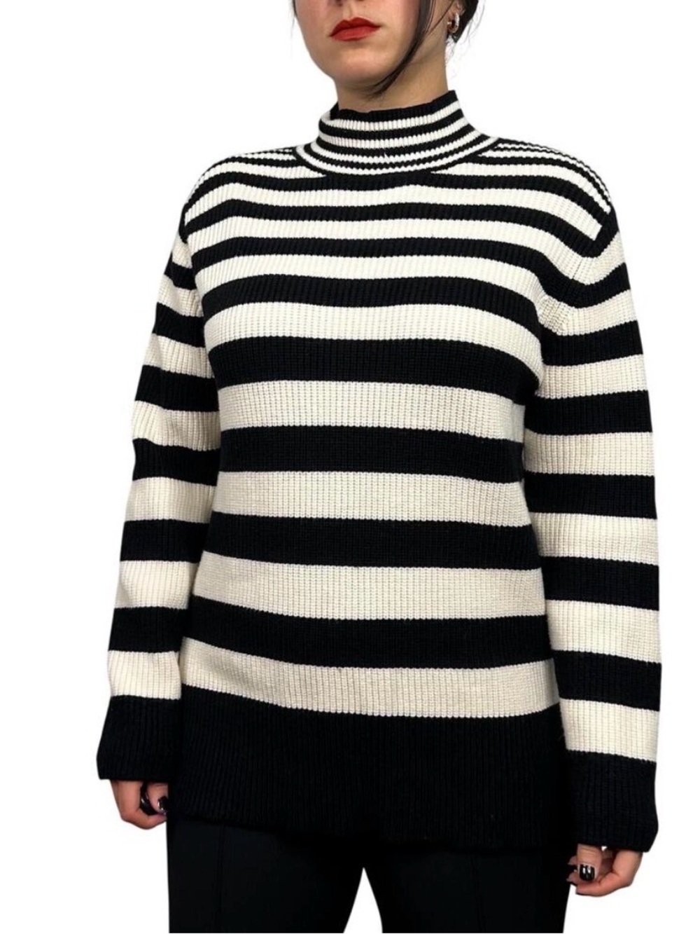 Women’s Black & White Striped Turtleneck Sweater